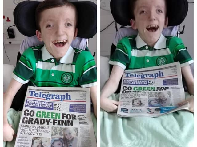 A delighted and much-recovered Grady-Finn with the Corby Telegraph that featured his recovery from Covid-19