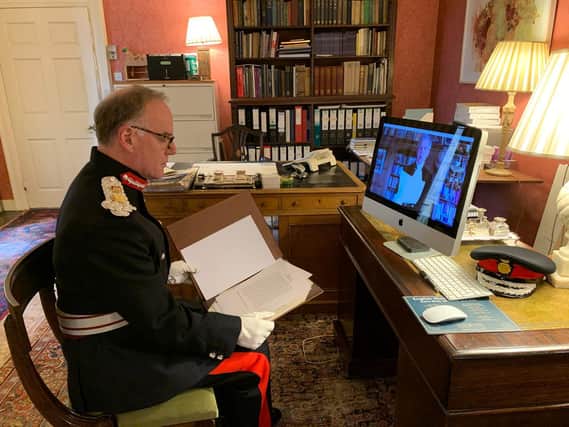 James Saunders Watson, HM Lord-Lieutenant of Northamptonshire, receiving the high sheriffs and under sheriffs declarations by Zoom.