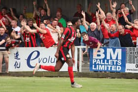 Dan Nti sent Latimer Park into raptures after his late goal ensured Kettering Town enjoyed a winning start to the season against AFC Telford United. Picture by Peter Short