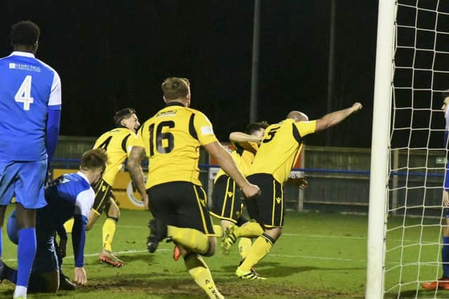 AFC Rushden & Diamonds captain Liam Dolman celebrates his late winner in the 3-2 victory at Leiston. Picture courtesy of HawkinsImages