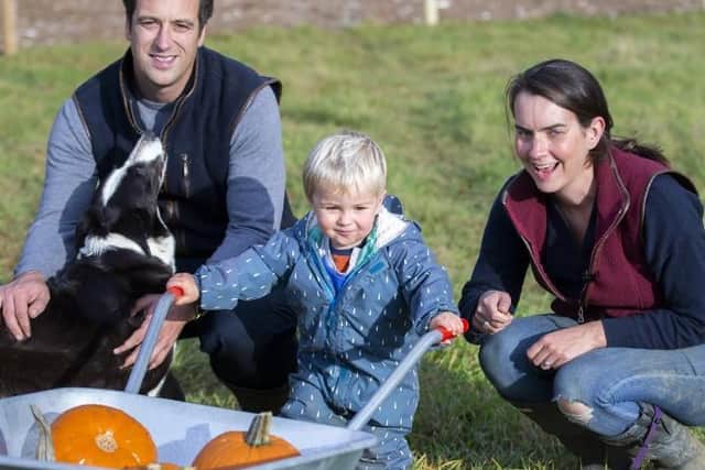 Tom and his wife Lucy Harris pictured with their son, George, last October on the pumpkin farm. Credit: Kirsty Edmonds.