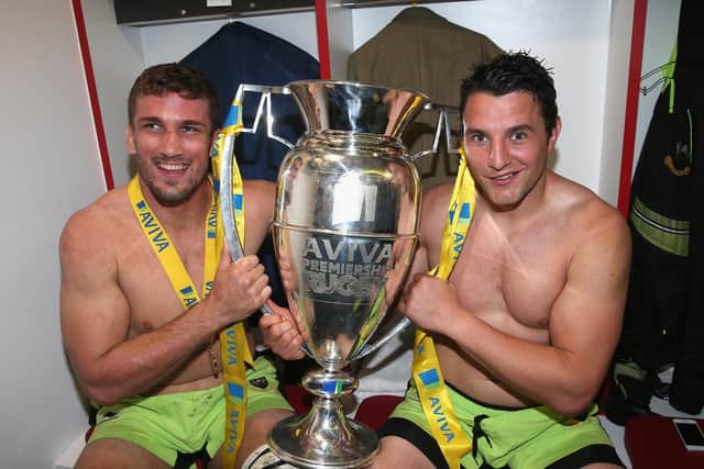 Christian Day and Phil Dowson celebrating the Premiership title win at Twickenham in 2014