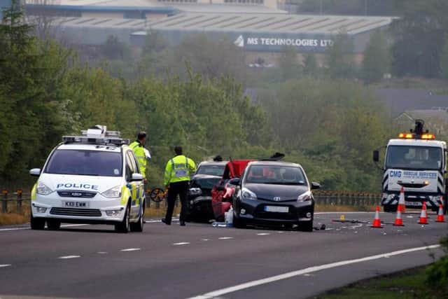 A crash involving three cars on the A43 near Kettering in April 2014. The road is the second worst for accidents in the north of the county. Photo by Jonathan McGhee