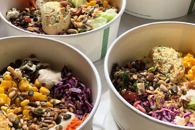 The food was served in recyclable and compostable containers