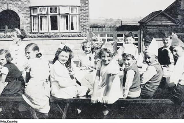 The street party in Southgate Drive, Kettering. Mr Wood is seated third from the right on the front row.