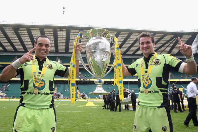 Kahn Fotuali'i (left) and Lee Dickson helped Saints to win their first Premiership title in 2014