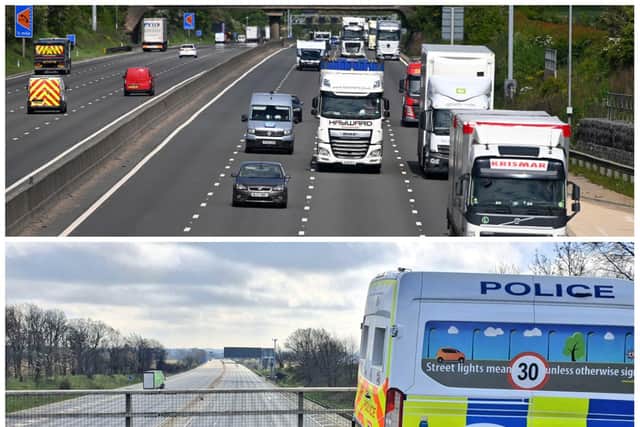 Traffic on the M1 was busier on Wednesday (top) as some of Northamptonshire went back to work. Photos: Getty Images / Northamptonshire Police