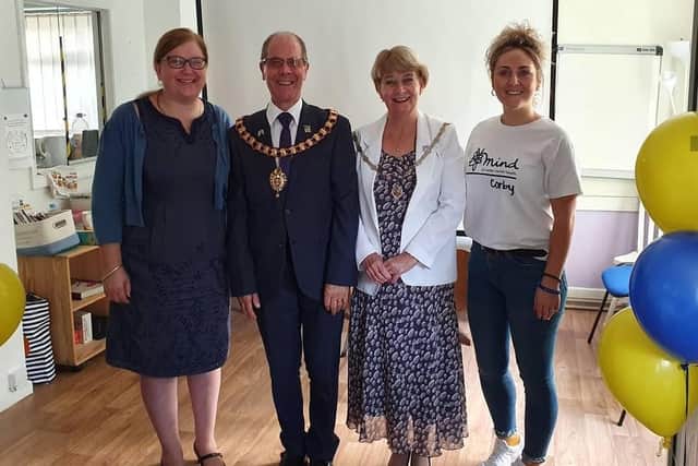 Library Photo l-r CEO Corby Mind Jo Gratrick, Mayor of Corby Ray Beeby and wife Toni and fundraising lead Morgan Hay