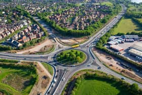 This image shows progress made on the junction. The A45 runs from the bottom of the picture to top right, the A6 across the middle and Station Road runs up to the top left of the image