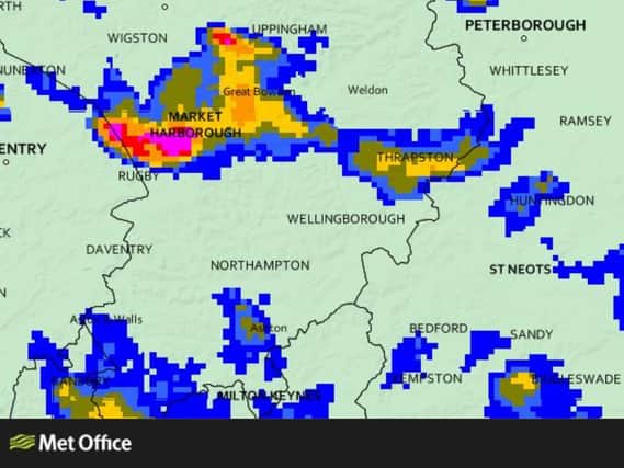 Met Office rainfall radar showed storms heading into the county just after 1pm