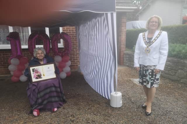 Margaret Tirebuck of Raunds celebrating her 100th birthday with Raunds mayor Cllr Sylvia Hughes