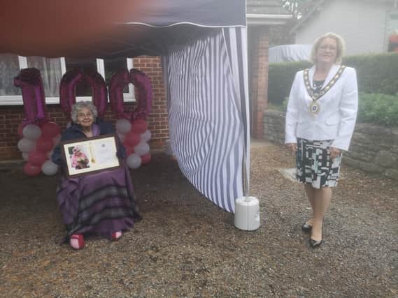 Margaret Tirebuck of Raunds celebrating her 100th birthday with Raunds mayor Cllr Sylvia Hughes