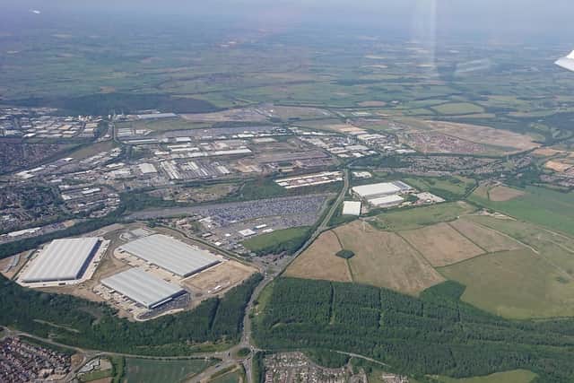 Corby from the skies. The new warehouses are in the bottom left of the picture. Credit: Welland Gliding Club.