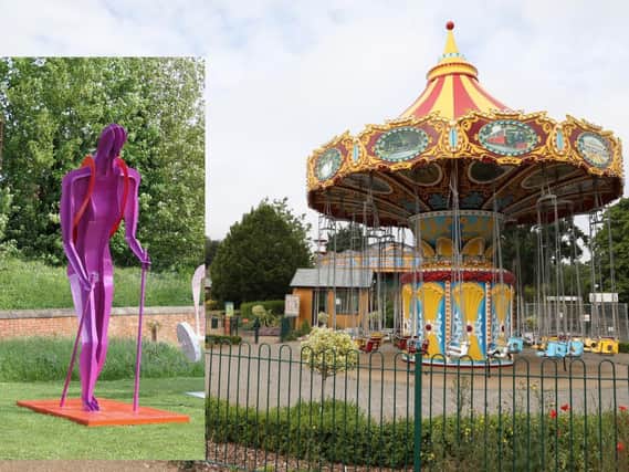 Mick Henson is selling his Nordic Walking sculpture (left) to raise funds for Wicksteed Park