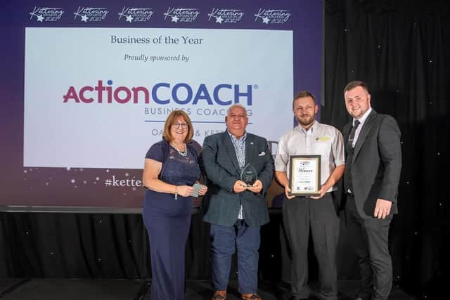 Category Sponsor Angela Turton from Action Coach Oakham and Kettering presents the Business of the Year Award to winners Bee Cool ACS of Northfield Avenue in Kettering together with Event Sponsor Tyler Morris from the Kettering Ritz Complex