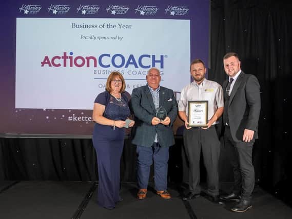 Category Sponsor Angela Turton from Action Coach Oakham and Kettering presents the Business of the Year Award to winners Bee Cool ACS of Northfield Avenue in Kettering together with Event Sponsor Tyler Morris from the Kettering Ritz Complex