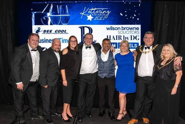 The team working hard behind the scenes for this year’s Kettering Awards. Left to Right: MC Damian Cox, Shaun Weed (both Big Bopper Entertainment), Marie Baker (Headline Sponsor from Poppy Design Studio), Simon Cox (Founder of Kettering Business Network and Kettering Awards), Kris Malde (Event Sponsor from The Kettering Ritz Complex), Kerry Bate (Polka Dot Events), Councillors Scott and Eve Edwards, Mayor and Mayoress of Kettering.