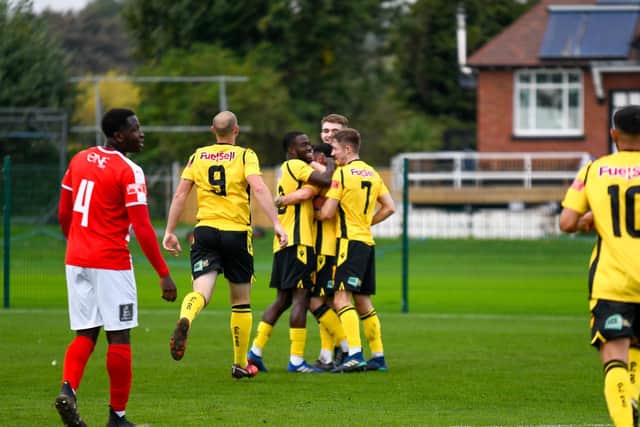 Connor Furlong takes the congratulations after he scored in AFC Rushden & Diamonds' 1-1 draw at Stourbridge last weekend. Picture courtesy of Hawkins Images