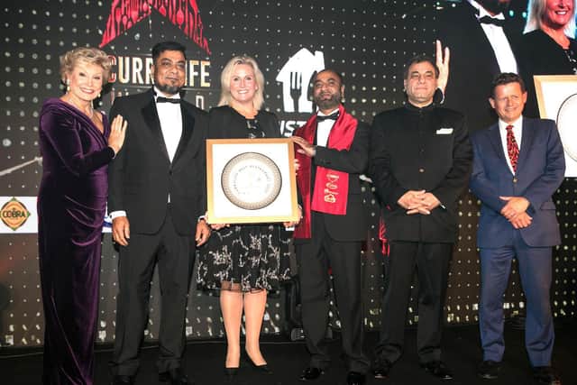 L-R: broadcaster Angela Rippon, Elas Miah, Angela Richardson MP, Kushboo owner Shebul Miah, president of CBI Lord Karan Bilimoria CBE and broadcaster Mike Bushell.