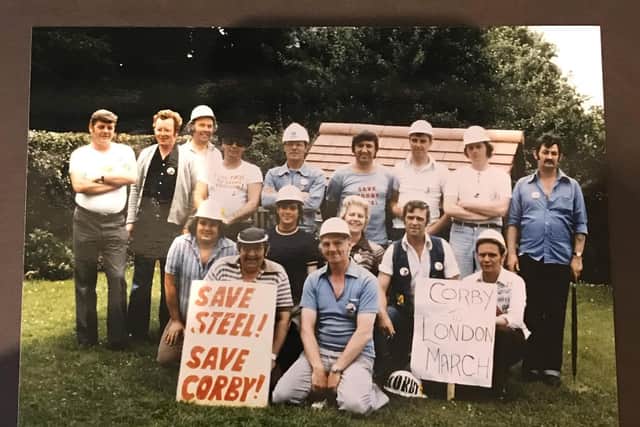 Peter McGowan (in waistcoat, kneeling second from the right) with the Corby marchers who walked to London