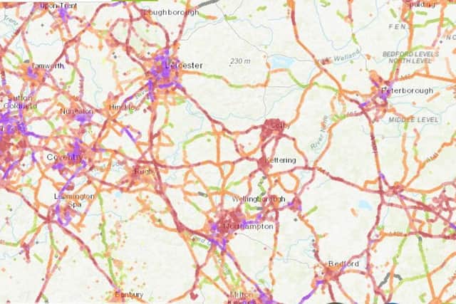 Corby lags behind its neighbours, with none of the networks currently providing 5g coverage (shown in purple on the map)