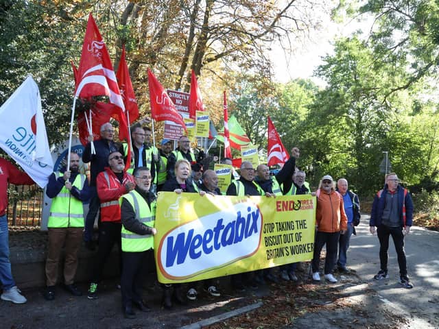 Weetabix workers and Unite members outside Weetabix HQ in Burton Latimer