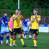 Alex Collard and Will Jones applaud the travelling fans after AFC Rushden & Diamonds' FA Trophy defeat at Matlock Town last weekend. Pictures courtesy of Hawkins Images