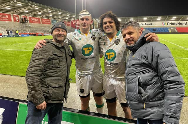 The proud fathers pose with Karl Wilkins and Lewis Ludlam at the AJ Bell Stadium
