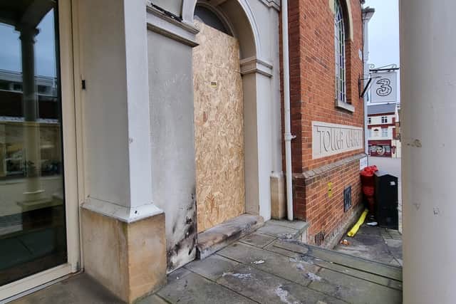 One of the main windows of the Toller Church was shattered by the heat of the fire