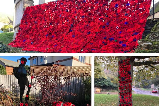 Gretton residents have created these stunning knitted poppies for Remembrance Sunday. Images: Fiona Chapman / Facebook