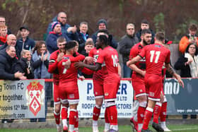 Callum Powell takes the congratulations after scoring Kettering Town's opening goal in their 4-0 success over Blyth Spartans at Latimer Park. Pictures by Peter Short