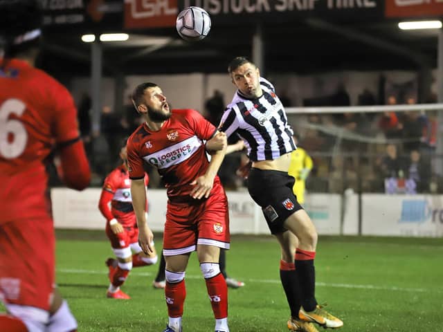 Gerry McDonagh challenges for the ball during Kettering Town's 3-1 defeat at Chorley. Pictures by Peter Short