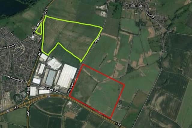 The 'glebe' land development in green land for proposed development by IM Properties in partnership with DSV. 
The Castle Farm development by Newlands Developments LLP shown in red, next to the A14