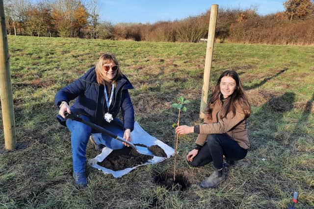 Cllrs Howell and Pentland planting their apple tree at Fermyn Woods