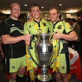Alex Waller with Ross McMillan (left) and Mike Haywood (right) after Saints won their first and so far only Premiership title back in 2014