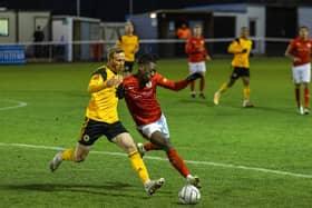Boston United's Paul Green in action during their FA Trophy win at Brackley Town last weekend. Picture by Glenn Alcock