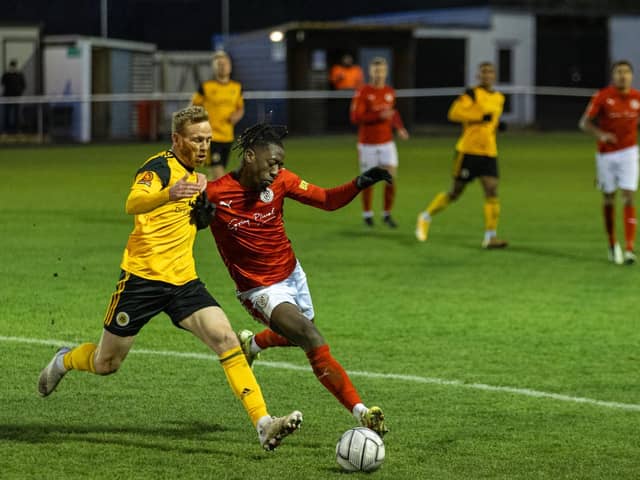 Boston United's Paul Green in action during their FA Trophy win at Brackley Town last weekend. Picture by Glenn Alcock