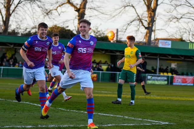 Ben Diamond celebrates after he opened the scoring in AFC Rushden & Diamonds' 2-1 victory at Hitchin Town. Picture courtesy of Hawkins Images
