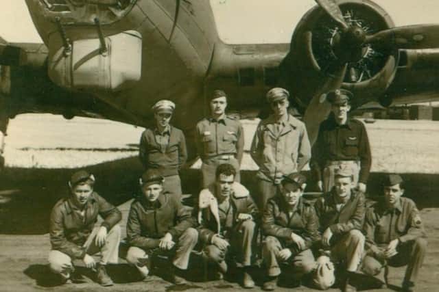 The crew of the ill-fated aircraft. Standing, from left: Navigator Lt. C.T. Floto; Bombardier Lt. J.B. King; Co-Pilot Lt. W.M. Hammond and Pilot Lt W.B. Keith. Kneeling from left: Waist Gunner Sgt. B.B. Besselieu; Waist Gunner Sgt. H.J. Kelsen; Tail Gunner Sgt. R.V. Kerr; Ball Turret Gunner Sgt. W.D. Cohen; Radio Operator S/Sgt. B.Z. Musser and Flight Engineer T/Sgt. W.D. Woodward.
