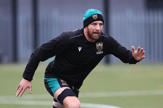 Tom Wood during Saints' training session at the University of Northampton on Tuesday