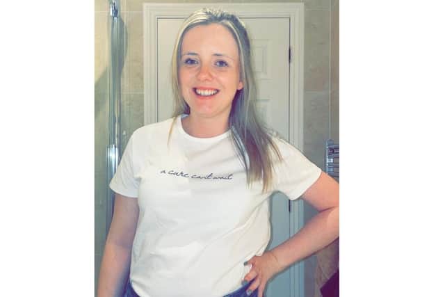 Amy in one of the Great Minds t-shirts that can be bought to support the Brain Tumour Charity