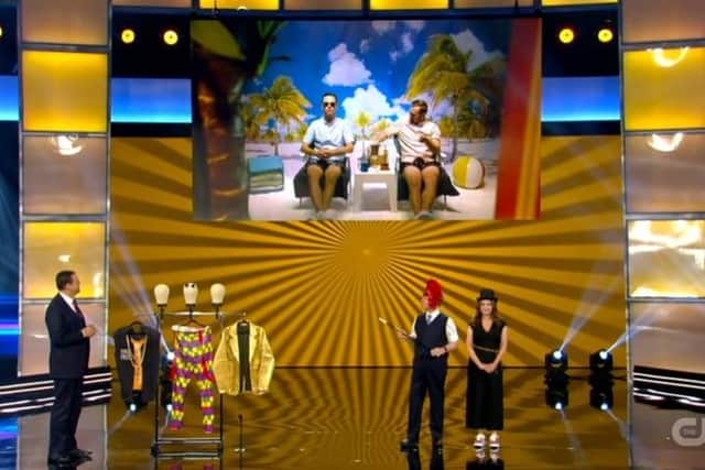 Jay & Joss perform on screen for Penn & Teller and host Alyson Hannigan