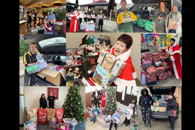 Jeanette Walsh aka Mother Christmas centre with just some of the people helping to bring festive cheer to disadvantaged children across Northamptonshire