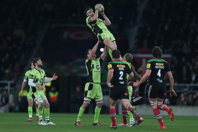 Tom Wood in action for Saints against Harlequins at Twickenham in December 2014