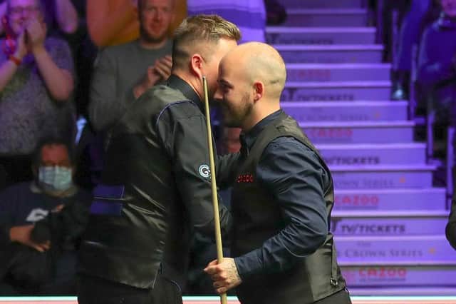Kyren Wilson congratulates Luca Brecel after his semi-final defeat at the UK Championship in York. Picture courtesy of World Snooker