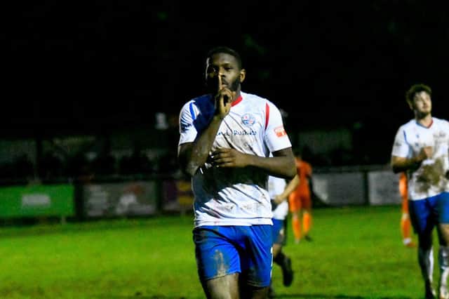 Nathan Tshikuna celebrates after scoring his second goal from the penalty spot in AFC Rushden & Diamonds' 4-0 victory over St Ives Town at Hayden Road. Pictures courtesy of Hawkins Images
