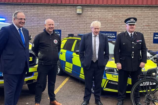 Left to right: Michael Ellis MP, Police and Crime Commisioner Stephen Mold, Prime Minister Boris Johnson and assistant Chief Constable Simon Blatchly.