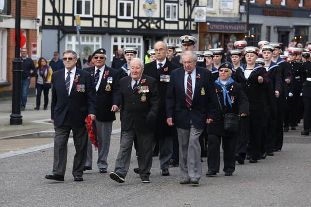 Reg Payne (front centre) marching in the Remembrance Day parade in Kettering in 2019