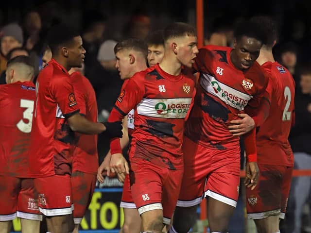 The Kettering Town players celebrate their third goal in last weekend's 3-0 home win over Curzon Ashton. Picture by Peter Short