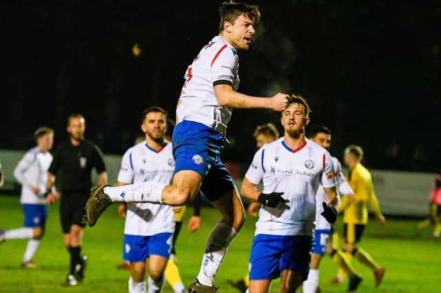 Alex Collard celebrates after he opened the scoring in AFC Rushden & Diamonds' midweek win over Needham Market. Picture courtesy of Hawkins Images